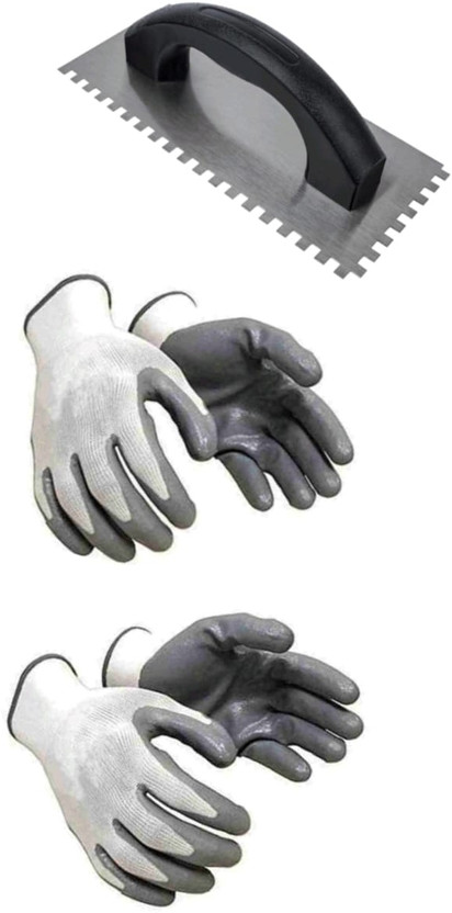 ToolsT ceramic leval Palstic hendal northd trowel ( 1) WITH HAND GLOVES (2 PAIR) Steel Trowel(Pack of 3)