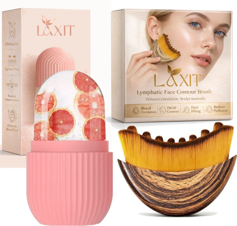 LAXIT Lymphatic Drainage Face Massager Brush & Ice Roller Combo for Jawline Sculpting Puffiness, Glow & Lifting, Skin Tightening & Cooling Therapy Facial Massage Kit Massager(Brown)