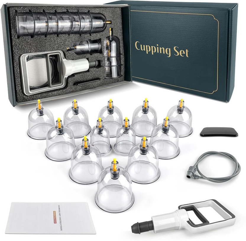 R A Products Cupping Therapy Set 12 Cups With Pump Chinese Cupping Set Vacuum Cupping Kit For Massage Therapy Suction Cups For Body Pain Relief Massager(White)