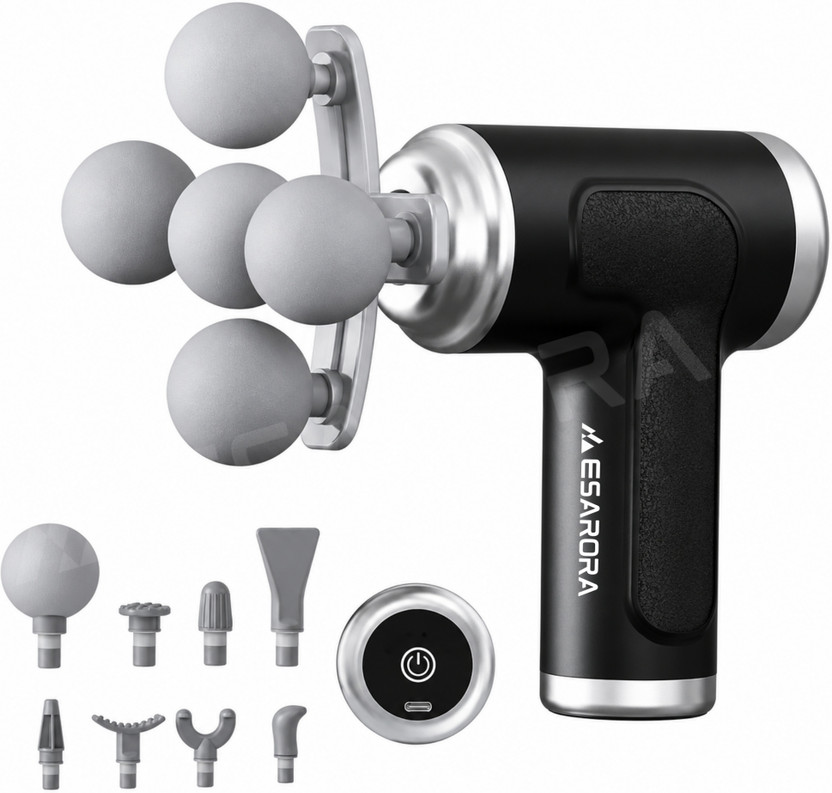 Esarora Massage Gun Deep Tissue 6-Speed Portable Percussion Muscle Massager_V2W Pro+ Mini Deep Tissue Massage Gun – 5-Head Portable Percussion Massager_U6M Massager(White, Black)