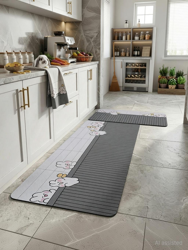 X - Glam Rubber Kitchen Mat(CartoonStrippedmat, Pack of 2, Large)