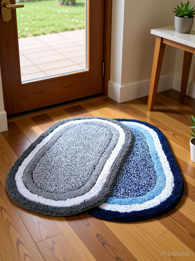 MY HOME Cotton Door Mat(Blue & Grey, Pack of 2, Large)
