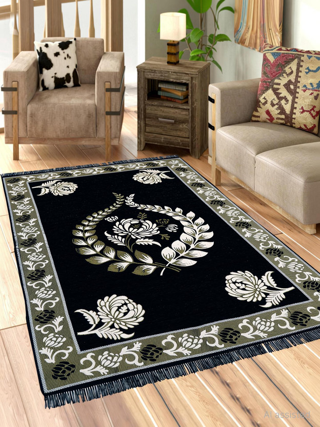 Sparrow world 5 ft  X 7 ft Chenille Carpet(Rectangle, Black, Grey)
