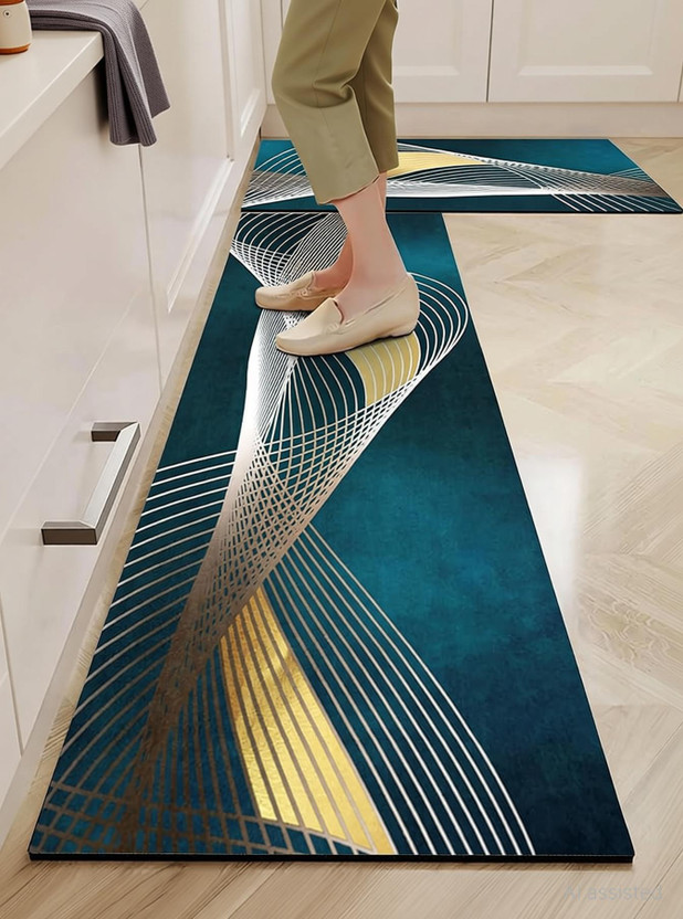 Flipkart X - Glam Rubber Kitchen Mat(Teal Blue, White, Gold, Pack of 2, Medium) - Flipkart Deal