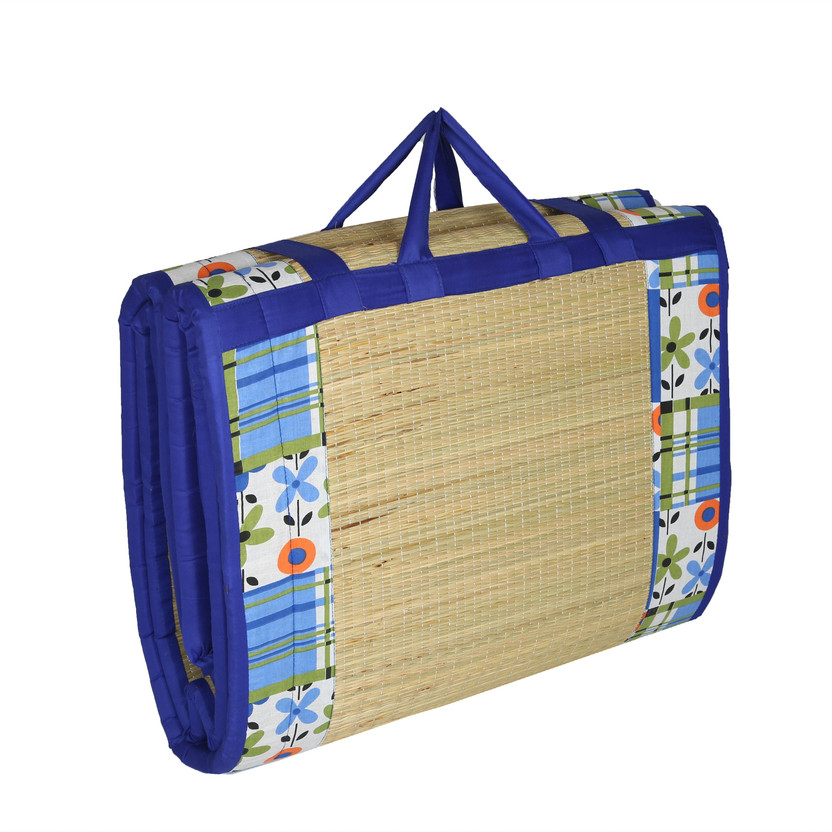 Future Lifestyle Bamboo Chatai Mat(Blue (Cotton Fabric) 121X182 CM, Large)