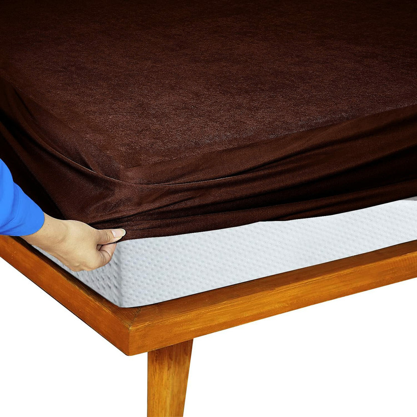 Feelme Queen Size Fitted Cotton Waterproof Mattress Cover(183 cm x 152 cm, Brown)