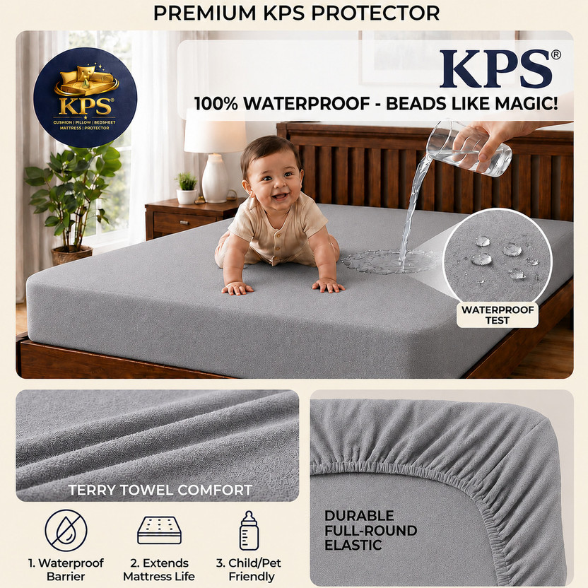 KPS King Size Elastic Strap Cotton Waterproof Mattress Cover(78 cm x 72 cm, Grey)