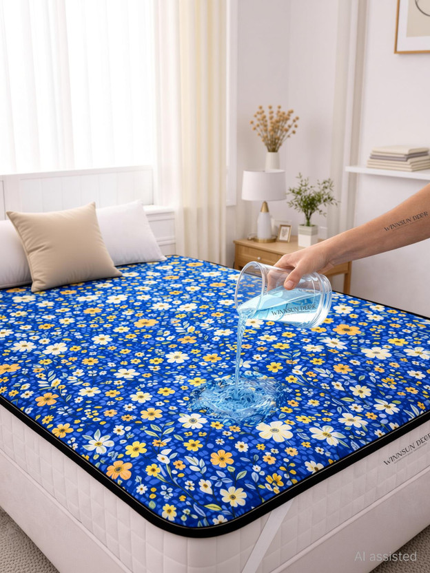 WINNSUN King Size Elastic Strap Synthetic Waterproof, Breathable Mattress Cover(198 cm x 182 cm, Blue, Yellow, White)