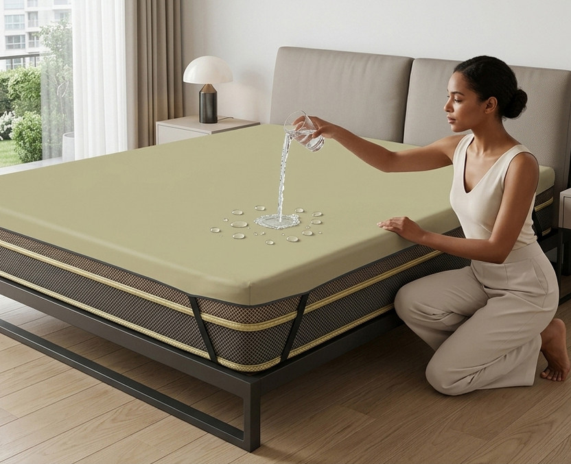 Kanushi Industries Double Size Elastic Strap Terry Cotton Stretchable, Waterproof Mattress Cover(190.5 cm x 183 cm, Beige)