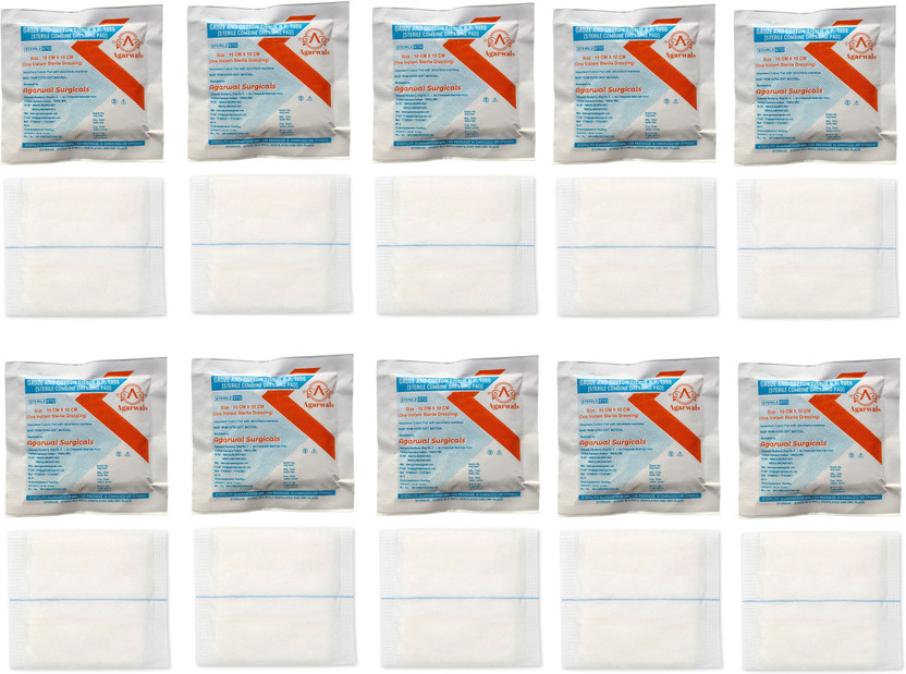 Agarwals Gauze & Cotton Tissue Sterile Combine Dressing Surgical Pad 10CM * 10CM (10 pcs) Interactive dressings Medical Dressing(Pack of 10)