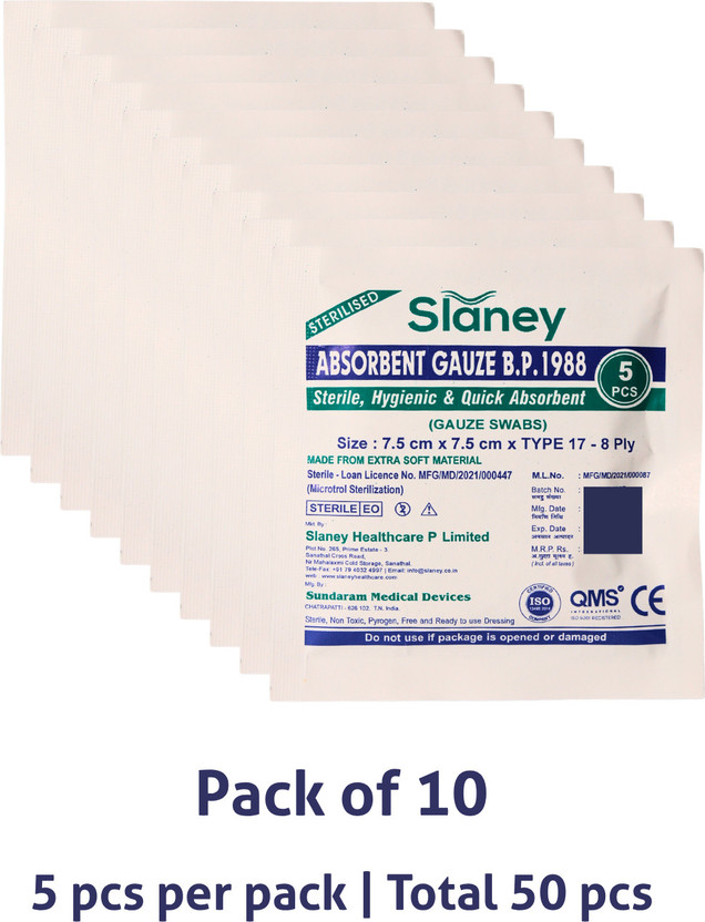 Slaney Slaney Gauze Swab (7.5 cm X 7.5 cm) 8 Ply Type 17 BP 1988 Gauze Medical Dressing(Pack of 10) - Flipkart Deal
