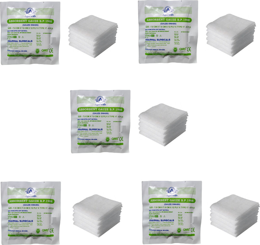 Agarwals Absorbent Gauze Swabs Sterile 7.5 cm X 7.5 cm X 12 ply (5Pcs/Pack) - Pack of 5 Gauze Medical Dressing(Pack of 5)