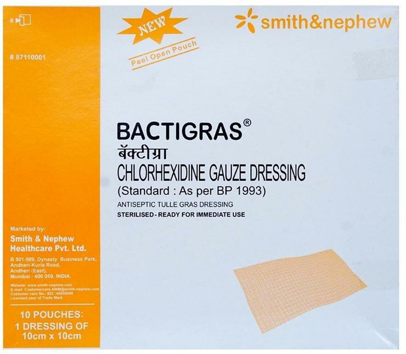 smith smith and nephew BACTIGRAS CHLORHEXIDINE GAUZE DRESSING, SZ : 10X10CM Gauze Medical Dressing(Pack of 10) - Flipkart Deal