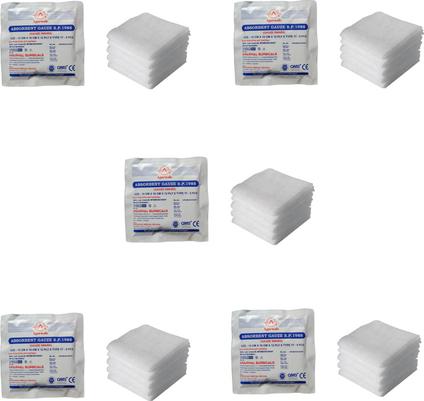 Agarwals Absorbent Gauze Swabs Sterile 10 cm X 10 cm X 12 ply (5Pcs/Pack) - Pack of 5 Gauze Medical Dressing(Pack of 5)