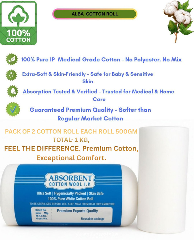 AlbaCotton AlbaCotton Soft-Touch Cotton Roll 500g*2 -1kg For First aid,Baby & beauty care Interactive dressings Medical Dressing(Pack of 2) - Flipkart Deal