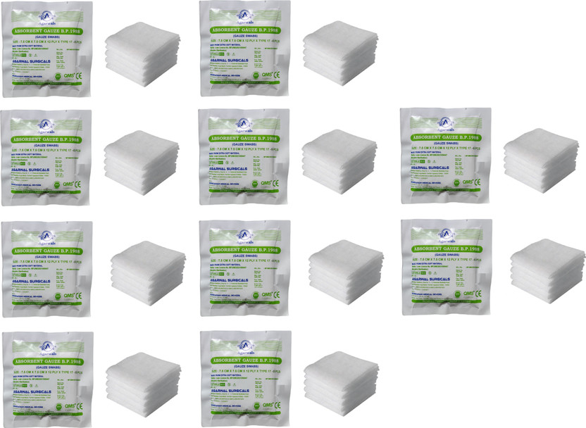 Agarwals Absorbent Gauze Swabs Sterile 7.5 cm X 7.5 cm X 12 ply (5Pcs/Pack) - Pack of 10 Gauze Medical Dressing(Pack of 10)