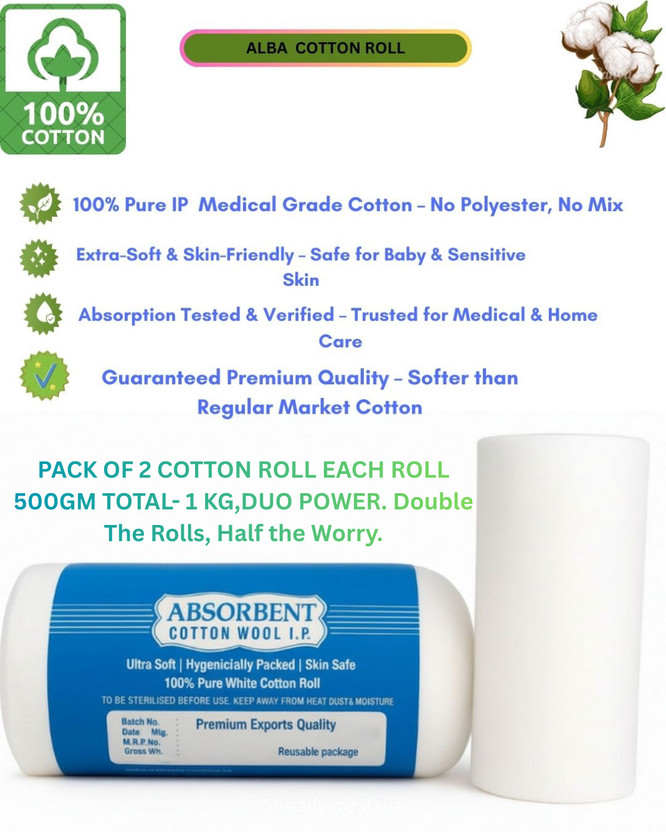 AlbaCotton Jumbo Pack Cotton Roll 500g*2 -1kg For First aid,Baby & beauty care Interactive dressings Medical Dressing(Pack of 2)