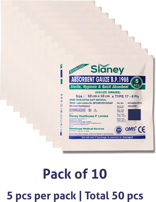 Slaney Healthcare Gauze Swab (10 X 10 Cm X 8 Ply) Gauze Medical Dressing(Pack of 10)
