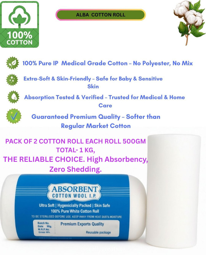AlbaCotton High-Grade Cotton Roll 500g*2 -1kg for Baby,First Aid,Makeup Interactive dressings Medical Dressing(Pack of 2)