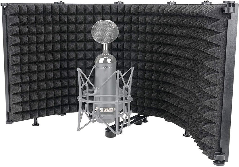 IMAGINEA Studio Recording Professional Microphone Isolation Shield, Pop Filter High Density Absorbent Foam Reflector-Cancelling Filter Wind Screen Compatible Condenser Microphone Recording Equipment (5-Pannel) Sound Isolation Shield(Black)