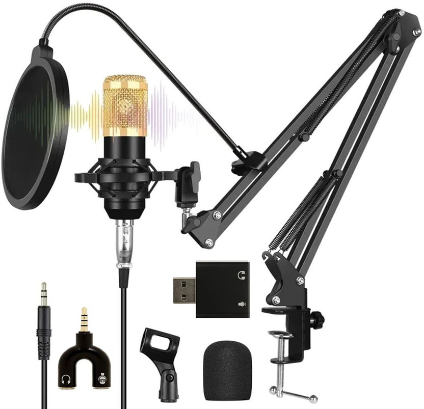 AMG Music BM800 Condenser Microphone Set with Microphone Stand, Pop Filter, Audio Splitt Ultra-Sensitive Recording Mic Condenser Mic Set For Singing Youtube Recording(Black)