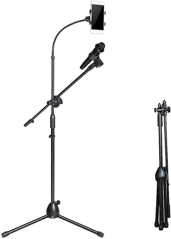 Techtest Floor Type Adjustable Microphone And Mobile Phone Stand Live Broadcast Metal With Boom Arm , 360 Degree Rotating Holder ( Stand with Mobile Holder )(Black)