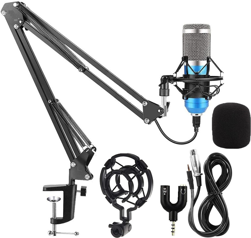 AMG Music BM800 Condenser Microphone Mic Set with Audio Splitter ,Microphone Stand , Shock Mount for Live Streaming Gaming Voice Recording Singing(Blue)