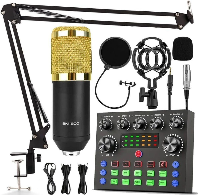 DawnRays Full BM800 Condenser Microphone with V8S Live Sound Card for Recording Studio Podcast Recording Equipment with Voice changer,Sound Card,Audio Mixer Interface(Black)