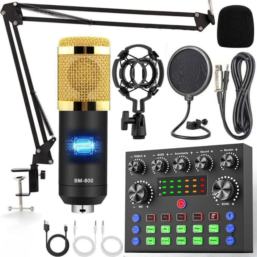 IMAGINEA BM800 Condenser Mic with V8 Live Sound Card, Shock Mount, Pop Filter, Arm Stand & Anti-Wind Foam, Full Condenser Microphone Recording Set for Studio Recording, Broadcasting & Gaming Microphone Set(Multicolor)
