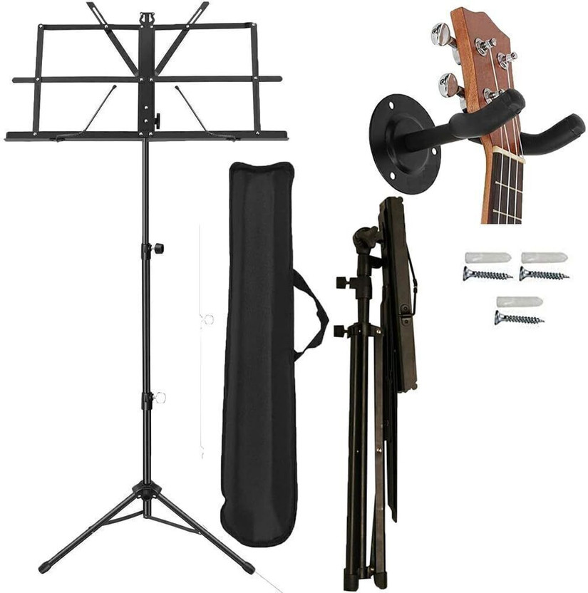IMAGINEA Notation Stand Adjustable Folding for Singer with Guitar Hanger Wall Mount Stand Portable Folding Music Note Sheet, Notation Stand with Carrying Bag(Black)