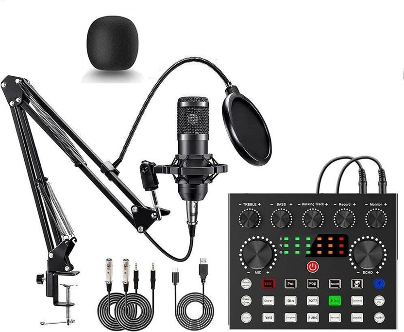 Mocking Bird BM800 Condenser Microphone Set with V8S Sound Card Digital Sound Mixer Microphone Set for Recording Mic for Youtube Live Streaming Podcasting Karaoke(Black)