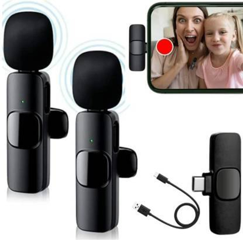 MOBIZAC K9 Dual Wireless Lavalier Mic for Mobile Type C Microphone and iPhone Microphones for Mobile(Black)