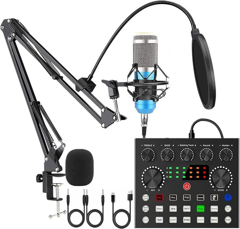 DawnRays Full BM800 Condenser Microphone with V8S Live Sound Card for Recording Studio Podcast Recording Equipment with Voice changer,Sound Card,Audio Mixer Interface(Blue)