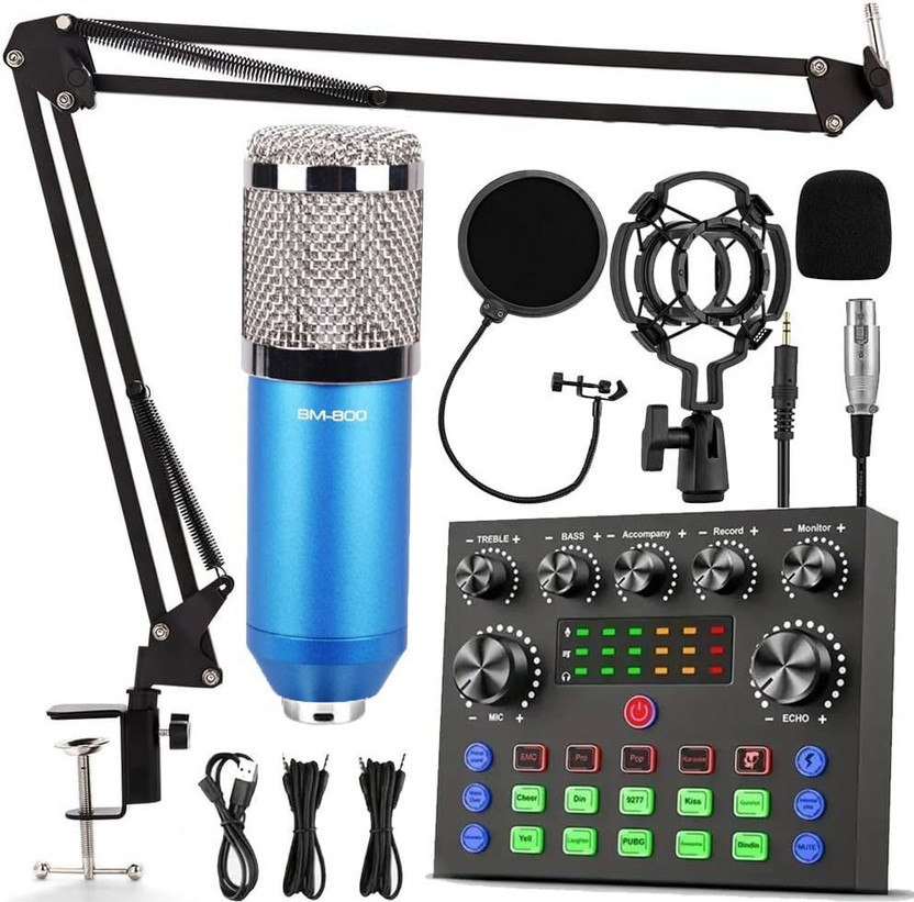 Mocking Bird BM800 Condenser Microphone with V8S Live Sound Card for Recording Studio Podcast Recording Equipment with Voice changer,Sound Card,Audio Mixer Interface(Blue)