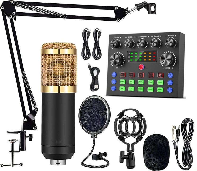 DawnRays BM800 Condenser Microphone Set with V8 Audio Mixer Sound Card Microphone Stand Double Layer Pop Filter for Live Streaming Singing Recording| Mic For Youtube(Black)