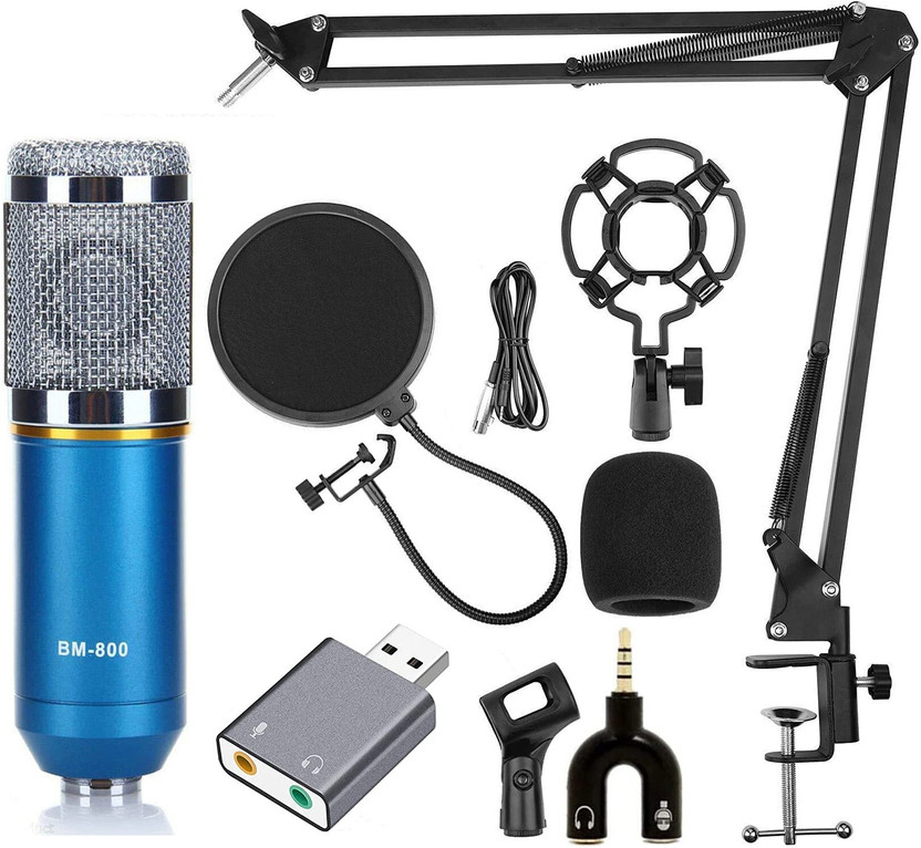IMAGINEA BM800 Condenser Mic with USB Sound Card for Studio Recording with Boom Stand, Shock Mount, Pop Filter & Anti-Wind Foam, Full Condenser Microphone Set for, Broadcasting & Gaming Microphone Set(Blue)