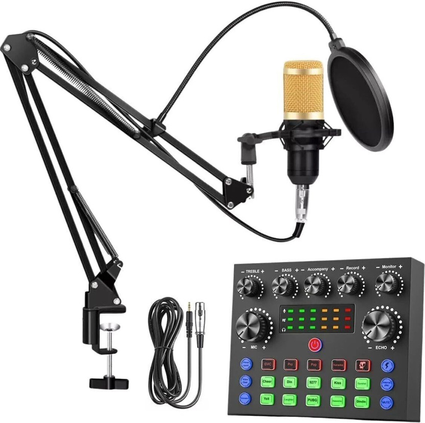 AMG Music Podcast Microphone Set with Sound Card for Studio Recording Live Streaming Studio Recording Equipments Full Set, Voice Recorder Mic Karaoke Gaming Podcast(Black)