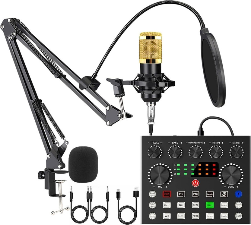 Mocking Bird Full BM800 Condenser Microphone with V8S Live Sound Card for Recording Studio Podcast Recording Equipment with Voice changer,Sound Card,Audio Mixer Interface(Black)