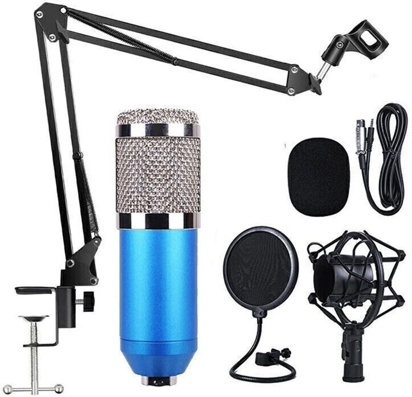 AMG Music Professional BM800 Condenser Microphone Set With Adjustable Boom Scissor Arm Stand, Pop-Filter XRL To 3.5mm Audio Jack, Shock Mount,Anti-Wind Foam, Full Condenser Microphone Recording Set for Studio Recording-Blue MICROPHONE SET(Blue)