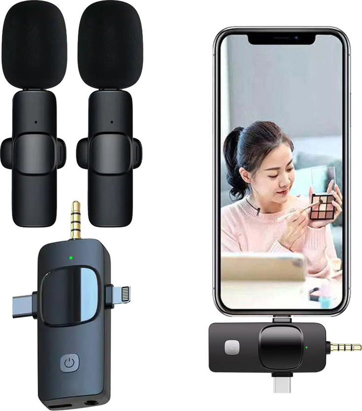 MOBIZAC Dual Wireless Mic for Android Mobiles iPhone Laptops Desktops BT Speakers and Camera Microphones for Recording(Black)