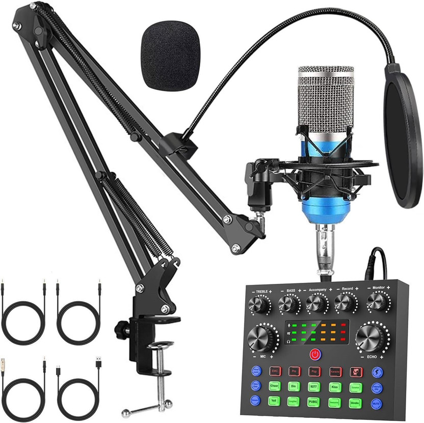 AMG Music Professional BM800 Condenser Microphone Set with V8S Sound Card for Recording Audio Interface Digital Live Sound Card Dual Channel Multifunctional Sound Mixer(Black)