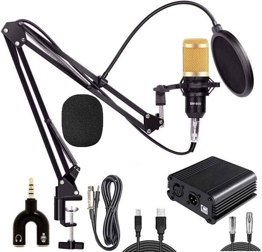 SOUVENIR BM800 Condenser Mic with Arm Stand, Shock Mount, Pop Filter, 48V Phantom Power Supply & Anti-Wind Foam, Full Condenser Microphone Recording Set for Studio Recording, Broadcasting & Podcasting Microphone Full Set 48V Phantom Power Supply(Black)
