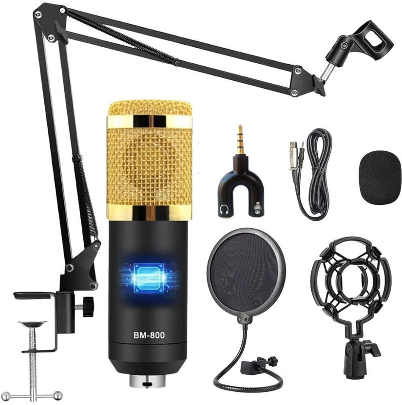 Urban Infotech BM800 Broadcasting Studio Recording Condenser Microphone Kit with Arm Stand, Pop Filter, 3.5mm Audio Jack Mic Set for Singing, Voice,Studio, YouTube, Recording Broadcasting Studio Recording Microphone(Blue)