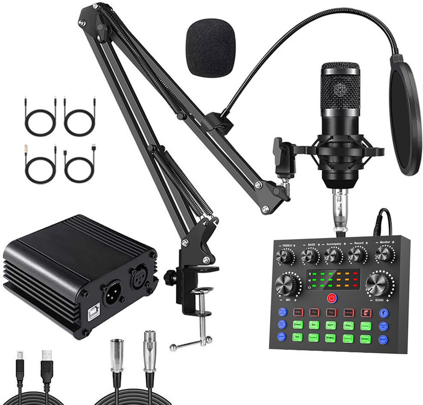 AMG Music BM800 Condenser Microphone Set with V8s Sound Card and 48V Phantom Power Supply Podcast Microphone Audio Interface Mixer Mic for Youtube Recording Live Stream(Black)