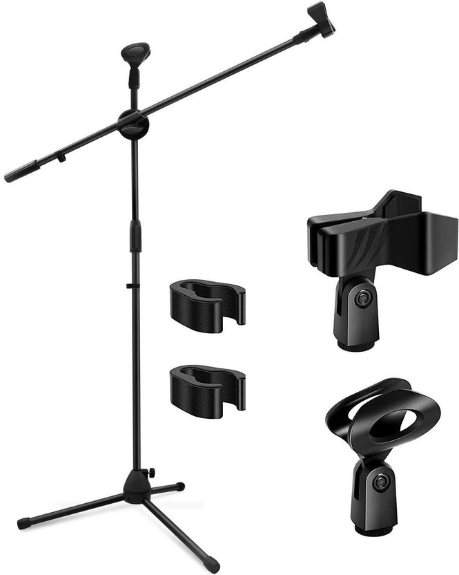 Techtest Microphone Stand Boom Mic Stand with 2 Mic Clip Holders Condenser Mike Stand for Karaoke Singing, Speech, Wedding, Stage and Studio Recording(Black)