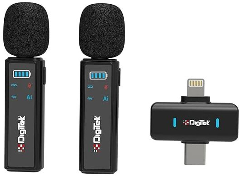 DIGITEK DWM 021 Wireless Microphone System with AI Noise Cancellation for Android & iOS Camera Microphone