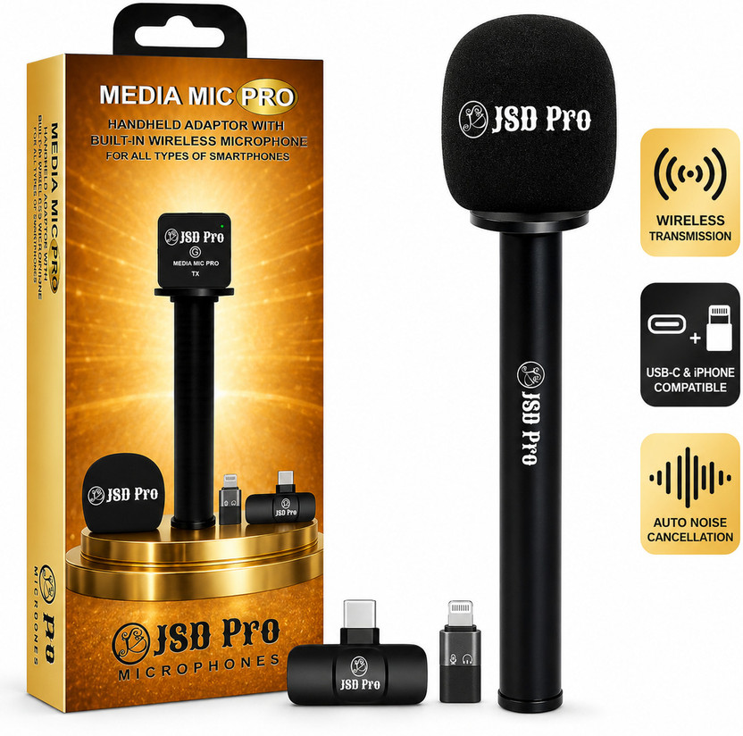 JSD PRO -Media Mic for All Types of Smartphone with Handheld Adaptor Built-In Wireless Microphone