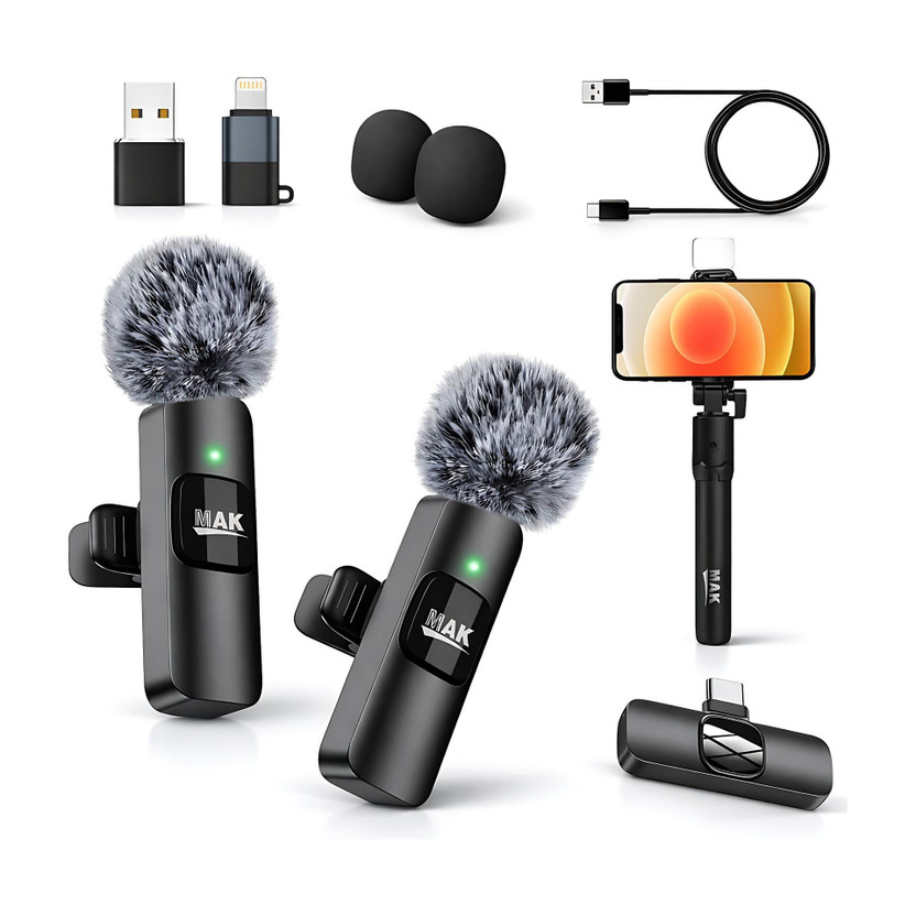 MAK MK-09 Dual Wireless Mic with Furry Windshield & LED Selfie Stick Microphone