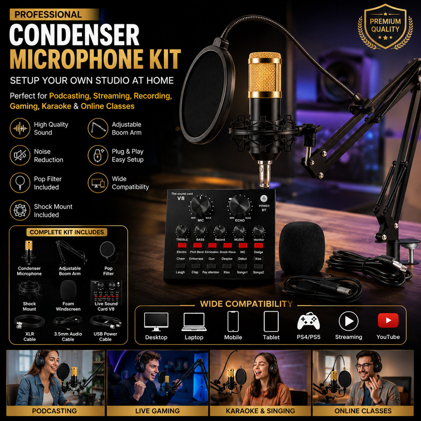 MOBIZAC MOBIZAC Condenser Studio Mic with Sound Card Setup for Singing Recording YouTube BM800 Microphone - Flipkart Deal