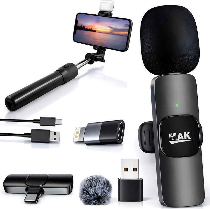 MAK Youtuber Vlogging Kit, Wireless Mic Phone Stand Tripod LED for Recording Microphone